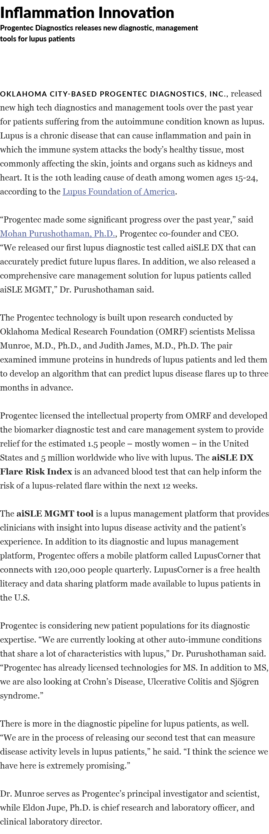 Inflammation Innovation Progentec Diagnostics releases new diagnostic, management tools for lupus patients  Oklahoma    